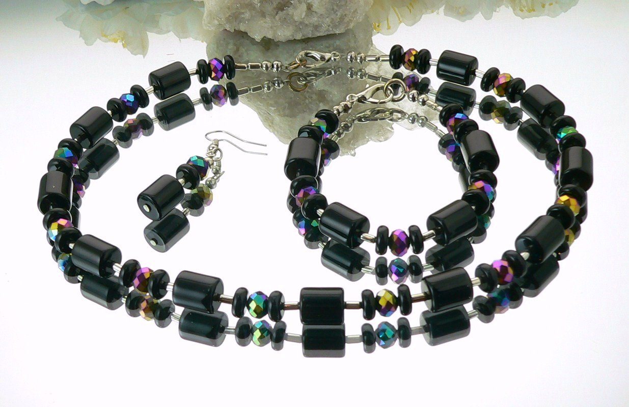 traumschmuck Schmuckset 091a Schmuckset Kette Armband Ohrring Glaswalzen schwarz (Geschenk Muttertag Weihnachten Geburtstag, inkl. Schmuckbox), handgefertigt, Made in Germany von traumschmuck