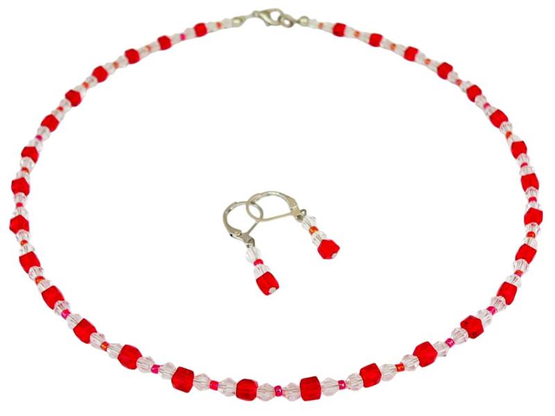 traumschmuck Schmuckset 137b 2er Set Halskette Ohrringe Würfel Rot Rhomben klar (Valentintag, Geburtstag, Weihnachten, incl. Schmuckbox), handgefertigt, Made in Germany von traumschmuck