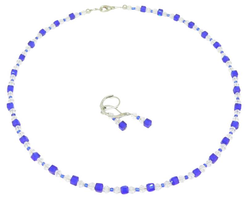 traumschmuck Schmuckset 137c 2er Set Halskette Ohrringe Perle Kristall Glas Würfel dunkelblau (incl. Schmuckbox), handgefertigt, Made in Germany von traumschmuck