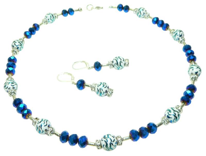 traumschmuck Schmuckset 156c Schmuckset Collier Ohrringe Perlen Glas weiß dunkel blau Strass (incl. Schmuckbox), handgefertigt, Made in Germany von traumschmuck