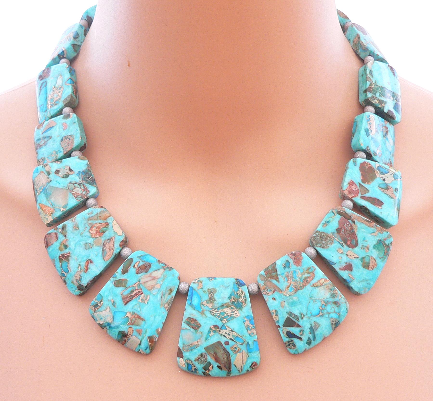 Halskette, Necklace, Statement Kette Kleopatra, Regalit, Edelstein, Trapez, Mehrfarbig, Türkis Marmoriert von traumschmuckshop