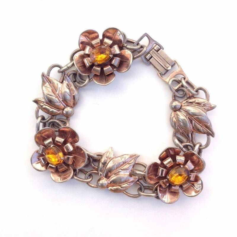 Vintage Handgemachte Jugendstil Blumen Blätter Gelb Stein Gliederarmband Vintage Handgemachte Jugendstil Blumen Blätter Gelb Stein Gliederarmband von treasureflow