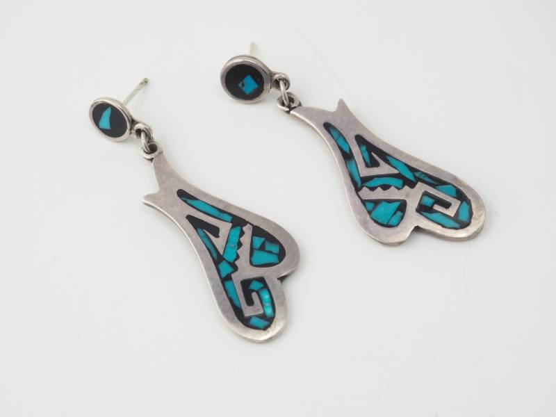 Vintage Handgemachte Sterling Silber Inlay Türkis Onyx Baumeln Tropfen Ohrstecker Mexiko Vintage Handgemachte Sterling Silber Inlay Türkis Onyx Baumeln Tropfen Ohrstecker Mexiko von treasureflow