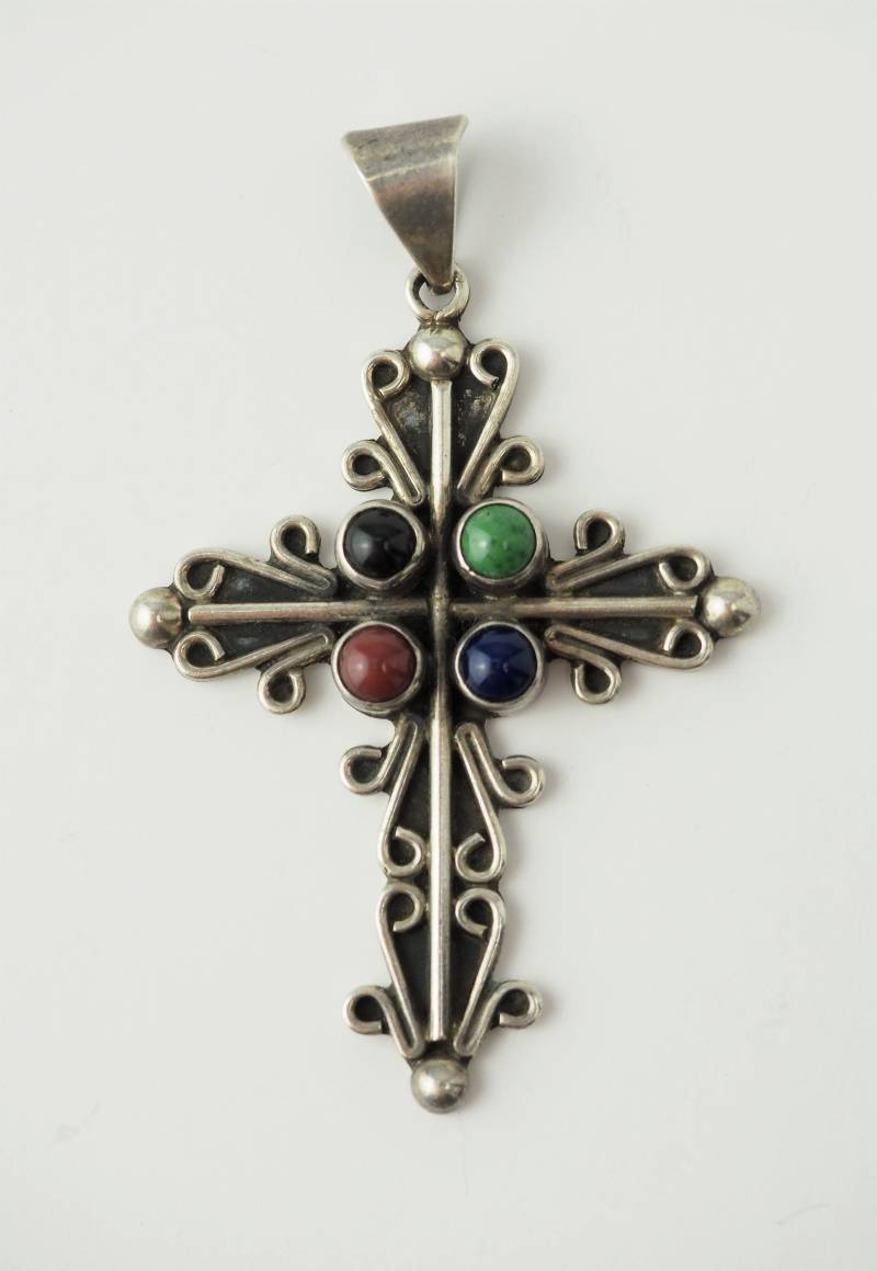 Vintage Sterling Silber Edelstein Kreuz Anhänger Von Carsi Mexico von treasureflow