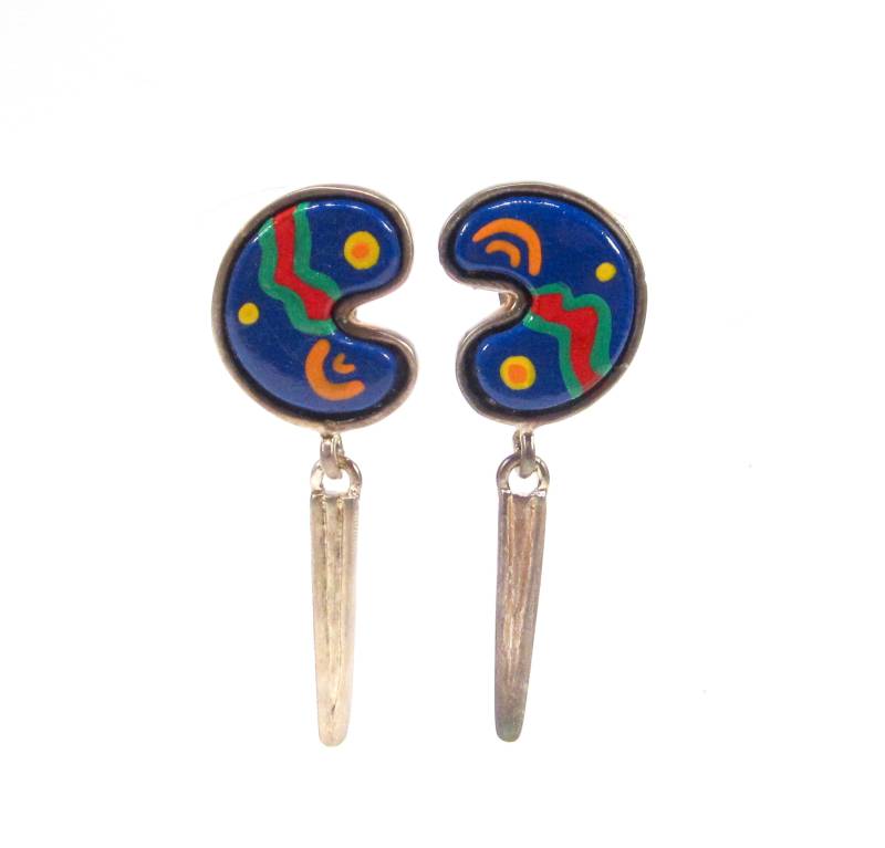 90Er Handgemachte Lange Vintage Ohrclips Mond Behang Silber Kunstharz Pop Art Bunt Retro Original Soho Köln 1993 Made in Cologne von treasuresofsoho