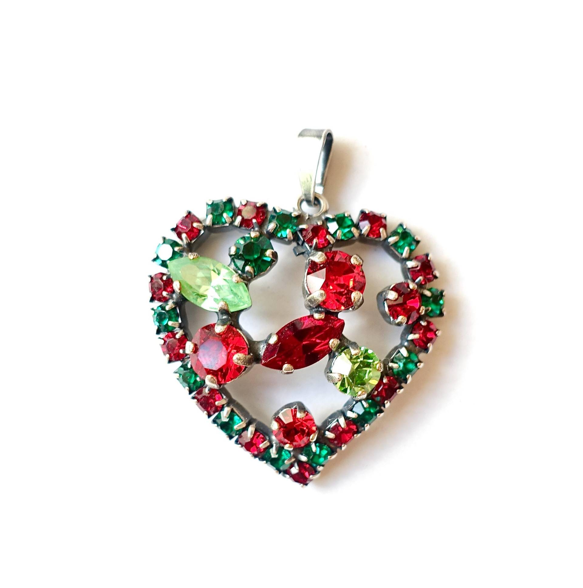 Anhänger Herz Kristall Light Siam Rot Grün Strass Kette Germany Soho® Handmade in Cologne von treasuresofsoho