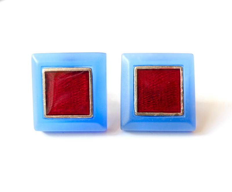 Große Blau Rote Vintage Ohrclips Quadrat Rechteck Kunstharz Silber Original Soho Köln 1993 Made in Cologne von treasuresofsoho