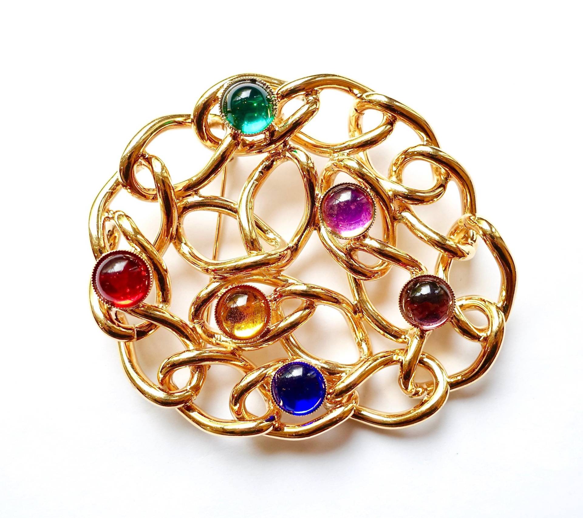 Große Brosche 80Er Jahre Vintage Gold Handgemachte Glassteine Bunt Galaxie Original Gold 9 cm von treasuresofsoho