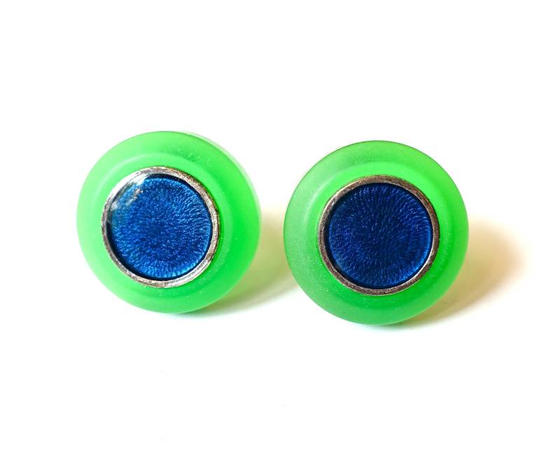 Große Grün Blaue Vintage Ohrclips Rund Kunstharz Silber 2, 9 cm Original Soho Köln 1993 Made in Cologne von treasuresofsoho