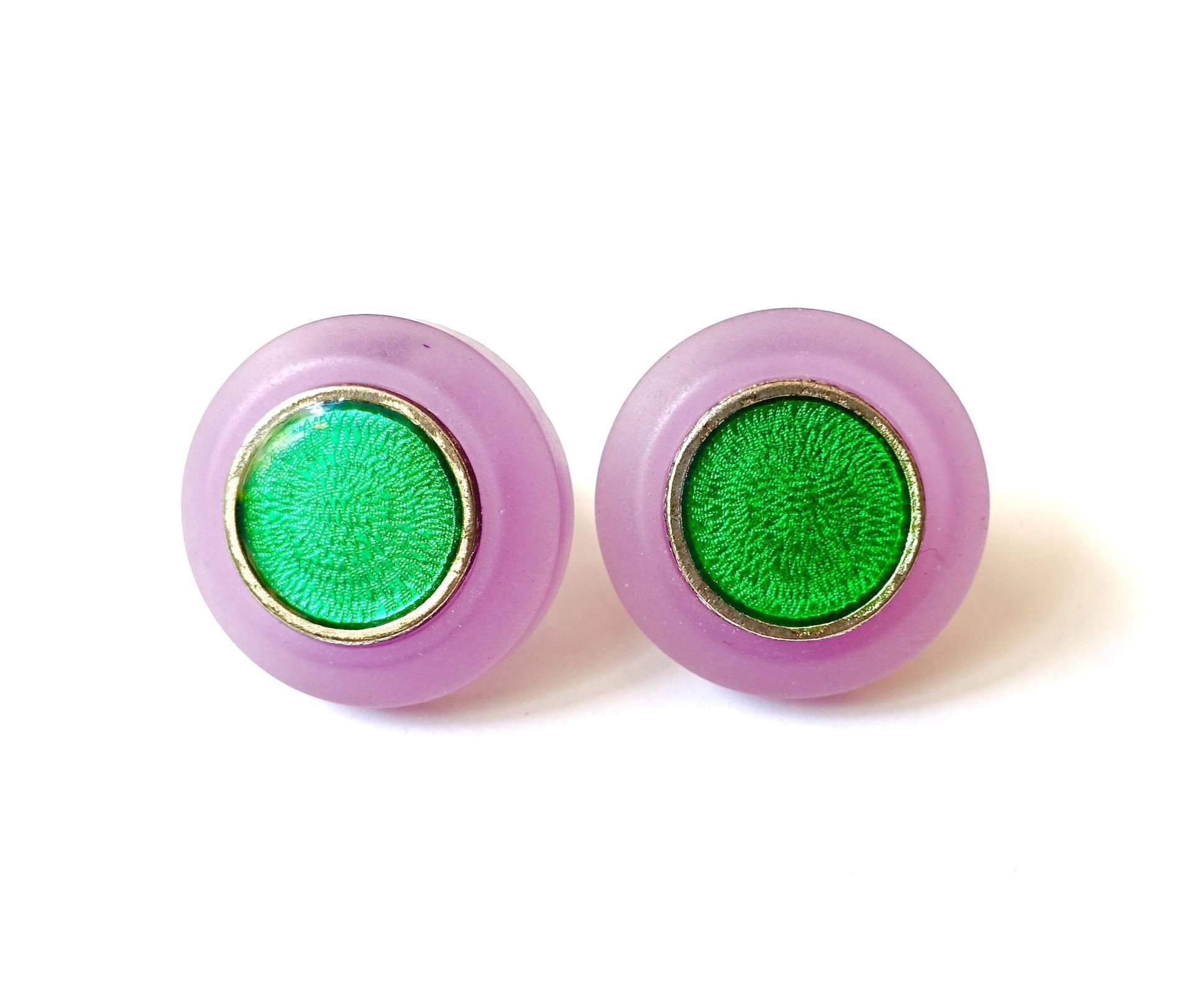 Große Lila Grüne Vintage Ohrclips Rund Kunstharz Silber 2, 9 cm Original Soho Köln 1993 Made in Cologne von treasuresofsoho