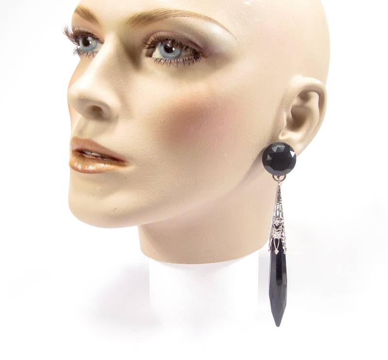 Große New Wave Statement Vintage Ohrclips Schwarz Silber Punk Lange Kristall Ohrringe 11 cm Handmade von treasuresofsoho