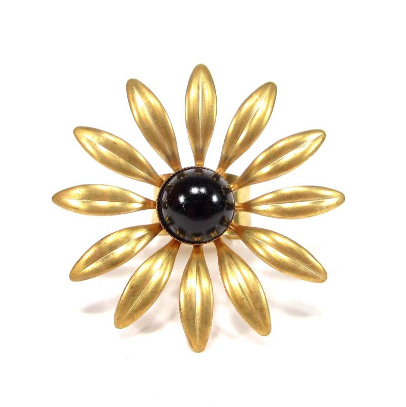 Großer Blumen Statement Ring 90Er Vintage Schwarz Gold 5 cm von treasuresofsoho