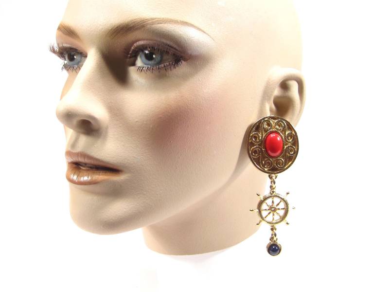 Lange Matrosen Ohrclips Vintage Barock Style Rot Blau Gold Nony New York Original Made in Usa Ca. 1980 Eighties von treasuresofsoho