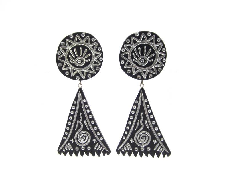 Lange Ohrclips Ethno Original 80Er Jahre Kunstharz Schwarz Silber Retro 1996 Made in Cologne von treasuresofsoho