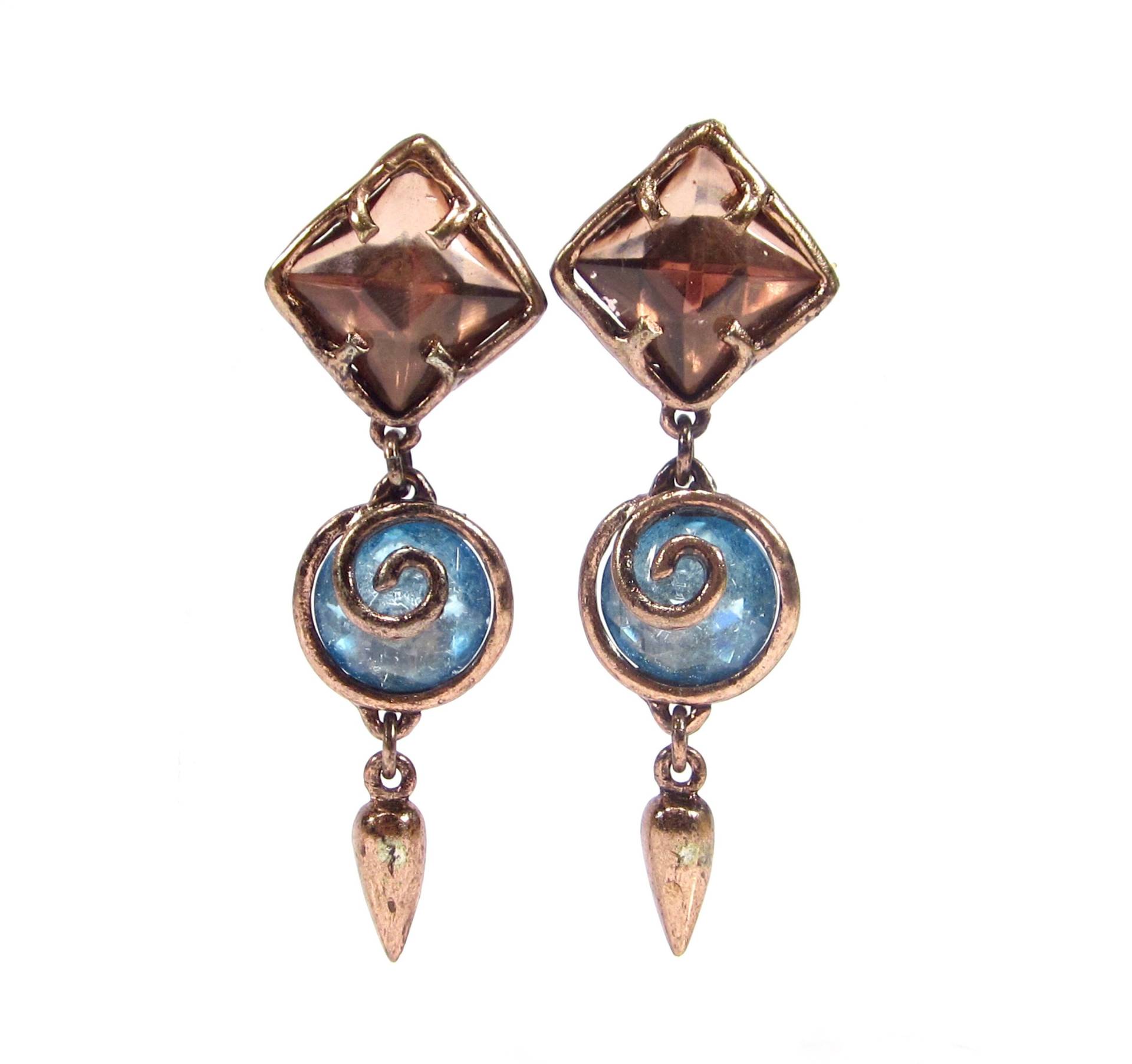 Lange Vintage Ohrclips Kupfer Blau Rose Spirale Rechteck Ohrringe 9, 5 cm Lang von treasuresofsoho