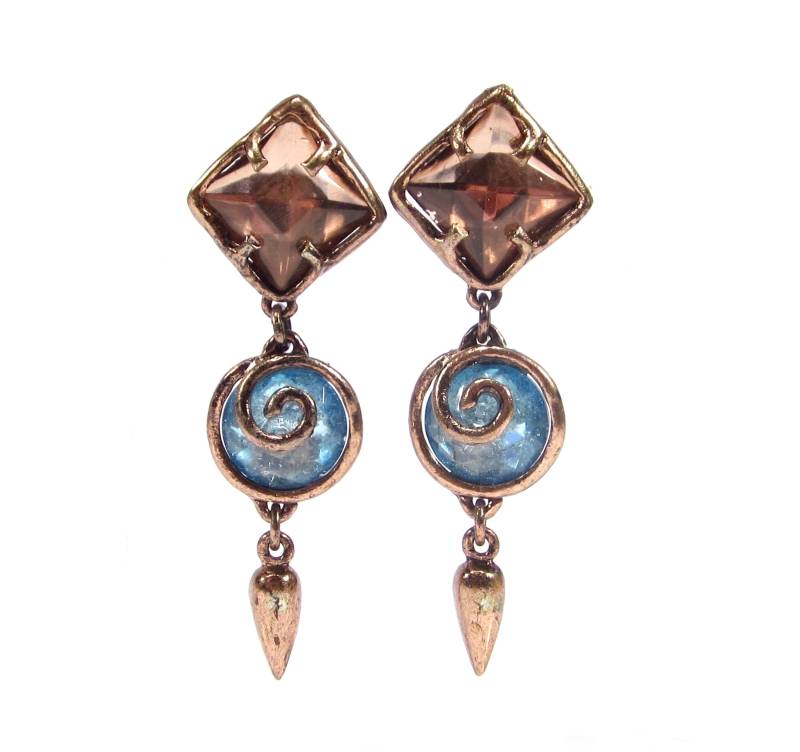 Lange Vintage Ohrclips Kupfer Blau Rose Spirale Rechteck Ohrringe 9, 5 cm Lang von treasuresofsoho