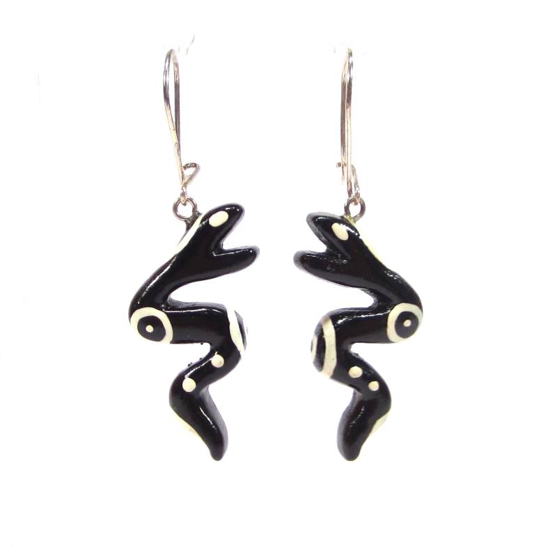Ohrhänger Ohrringe Schlange Schwarz Weiß Black White Handbemalt Silber 4x1, 5cm Soho Köln 1994 von treasuresofsoho
