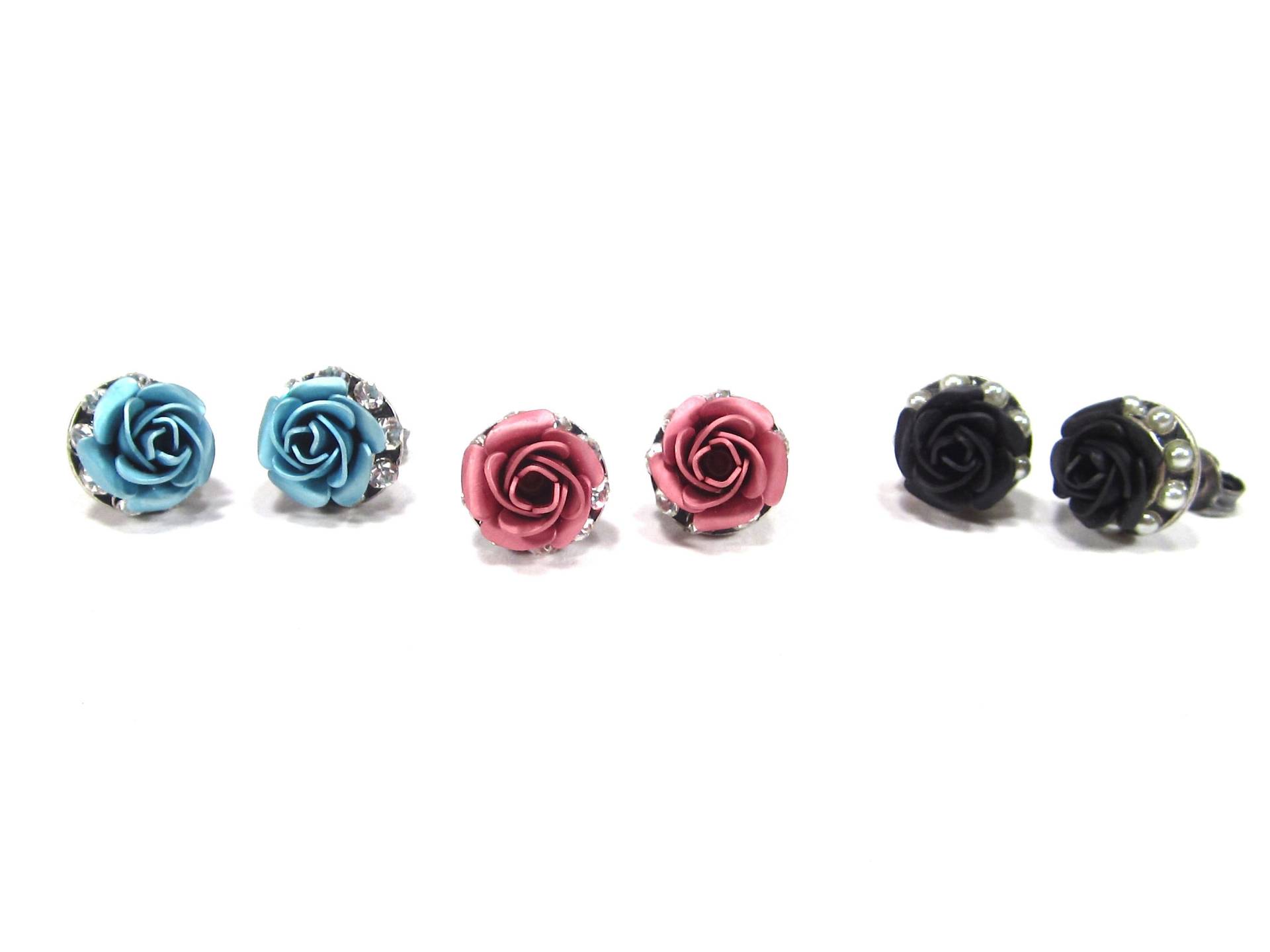 Rosen Ohrstecker Silber Blau Rosa Schwarz Matt Eloxiert Strass Kristalle Strasssteine Trachtenschmuck Oktoberfest von treasuresofsoho