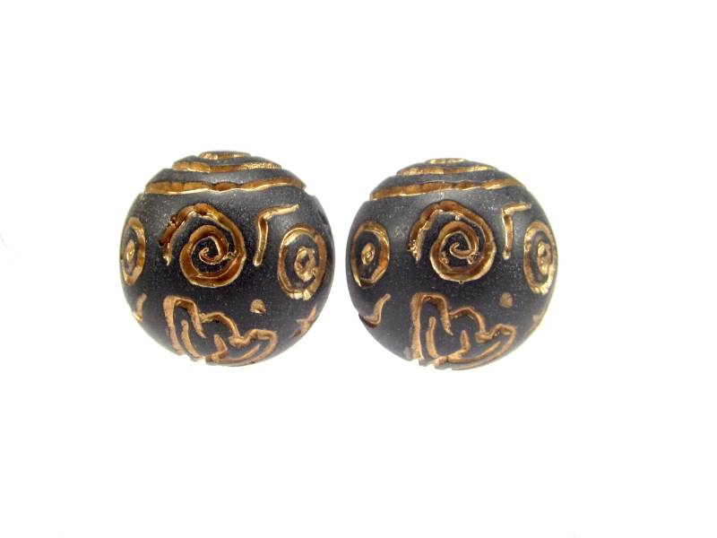 Schwarz Gold Bronze Ethno Ohrclips Spirale Original 80Er Jahre Kunstharz Schwarz Retro 1996 Made in Cologne von treasuresofsoho