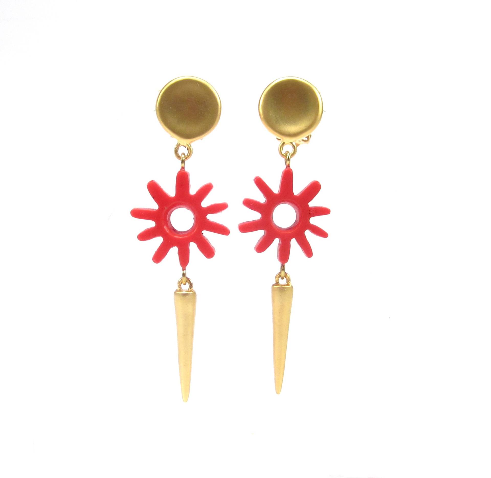 Unikat Ohrclips 90Er Jahre Vintage Lange Rot Gold Soho® Blume Sonne Kunstharz Retro Kaltemail Goldgelb 1992 Made in Cologne von treasuresofsoho