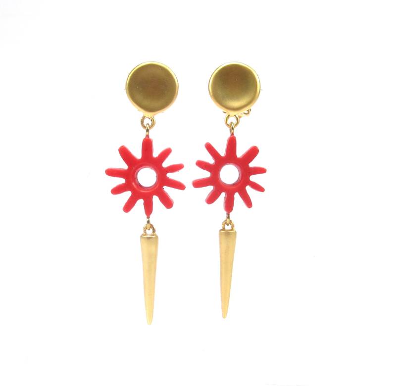 Unikat Ohrclips 90Er Jahre Vintage Lange Rot Gold Soho® Blume Sonne Kunstharz Retro Kaltemail Goldgelb 1992 Made in Cologne von treasuresofsoho