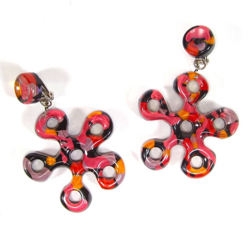 Unikat Ohrclips Kunstharz Resin Rund 9 X 6 cm Groß Handgemacht Lila Pink Orange Original Soho Köln 1990 Made in Cologne 2 von treasuresofsoho