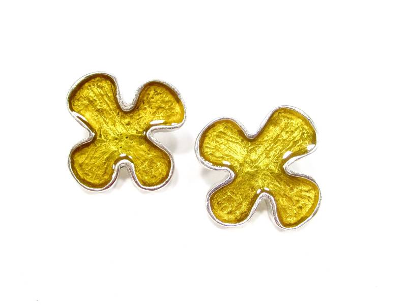 Vintage 90Er Jahre Ohrstecker Blume Gelb Silber Kunstharz Retro Kaltemail Köln 1996 von treasuresofsoho