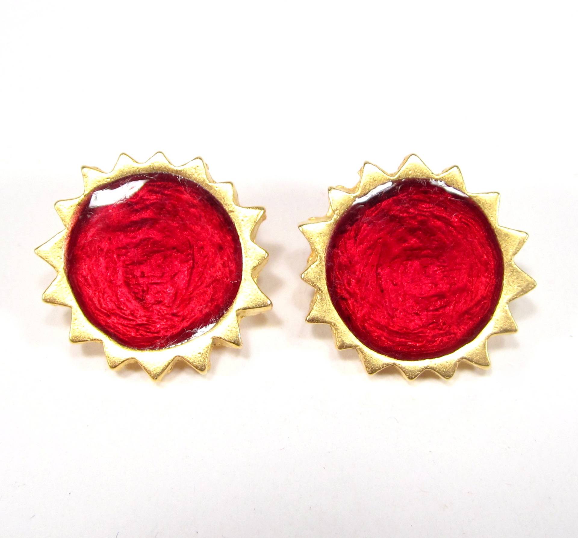 Vintage 90Er Sonnen Ohrclips Gold Rot Kunstharz Retro Kaltemail Köln 1996 von treasuresofsoho