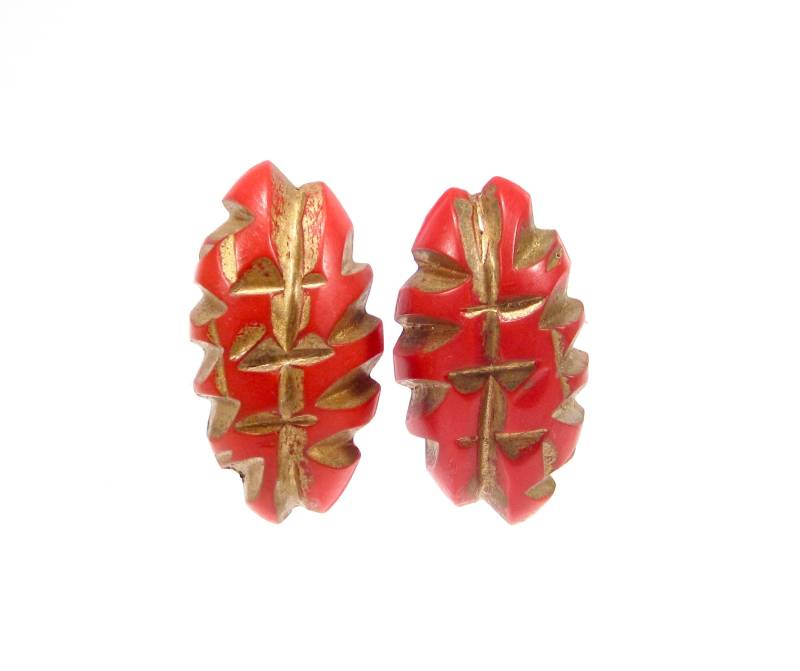 Vintage Ohrclips Rot Gold Kunstharz 4, 5x2, 5cm Original Soho Köln 1993 Made in Cologne von treasuresofsoho