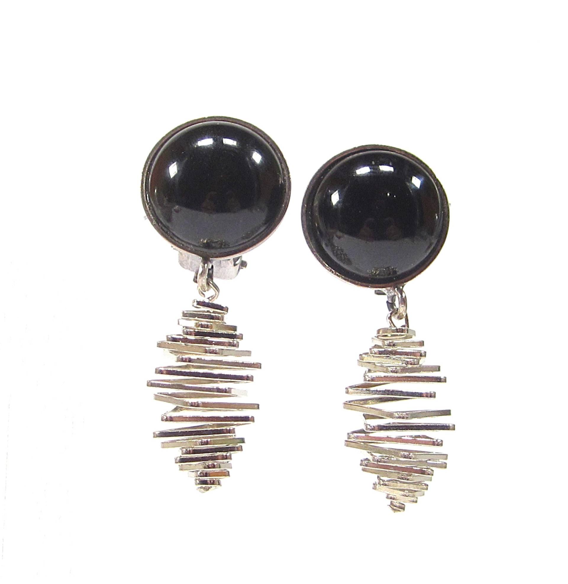 Vintage Ohrclips Schwarz Silber Glas Cabochons Barbarella Stil Spirale 80Er Jahre 4, 5x1, 7 cm von treasuresofsoho
