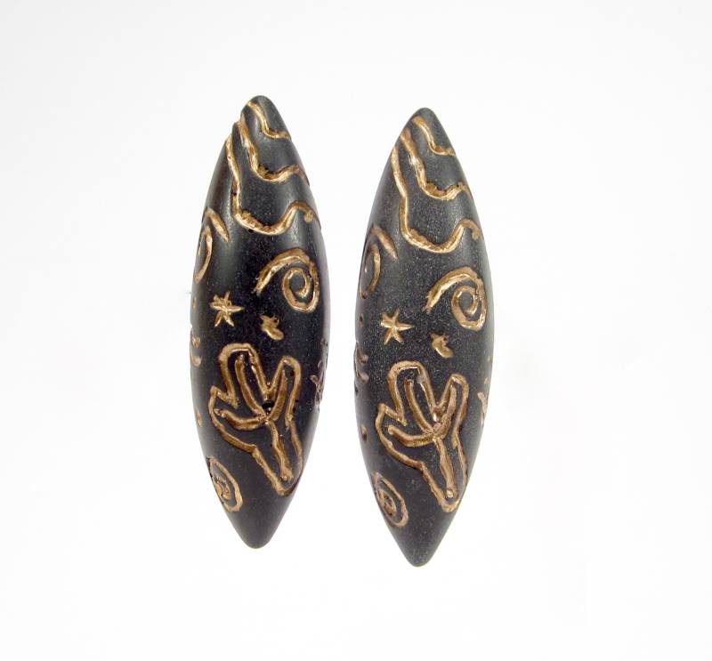 statement 80Er Ohrclips Punk Schwarz Gold Bronze Groß Spitzoval Navette Resin Kunstharz 6x2cm Original Soho Köln 1993 Made in Cologne von treasuresofsoho