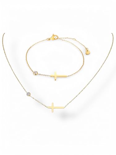 treats yourself Eleganter Edelstahl Kreuz Schmuck Set in gold | Wasserfester Schmuck vergoldet | Edelstahl Kreuzkette und Armkette mit Kreuz Anhänger gold | auch als Schmuck Edelstahl von treats yourself