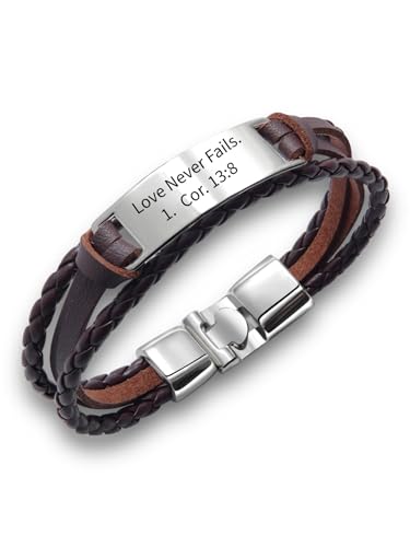 Treats Yourself Love Never Fails Armband | Glaubensbasierter Christlicher Schmuck | Geschenke für Männer mit Bibelvers Gravur und Tiefgehender Bedeutung von treats yourself