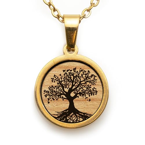 treeforce Edelstahl Halskette in Gold und Silber mit Holzemblem in schwarzem Geschenksetui, unisex (Baum des Lebens, Gold) von treeforce