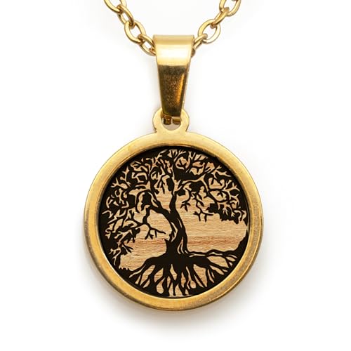 treeforce Edelstahl Halskette in Gold und Silber mit Holzemblem in schwarzem Geschenksetui, unisex (Lebensbaum Weide, Gold) von treeforce