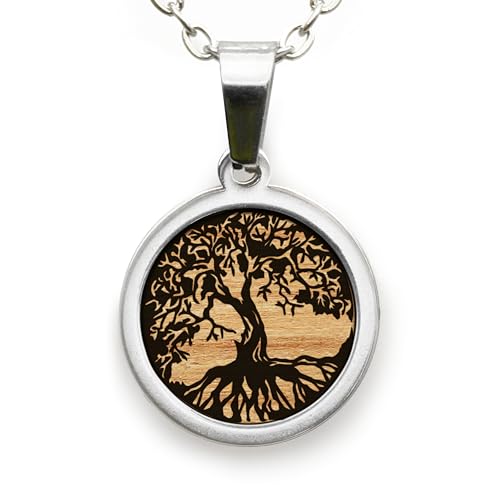 treeforce Edelstahl Halskette in Gold und Silber mit Holzemblem in schwarzem Geschenksetui, unisex (Lebensbaum Weide, Silber) von treeforce