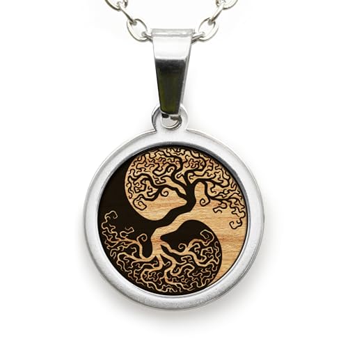 treeforce Edelstahl Halskette in Gold und Silber mit Holzemblem in schwarzem Geschenksetui, unisex (Yin Yang Baum, Silber) von treeforce