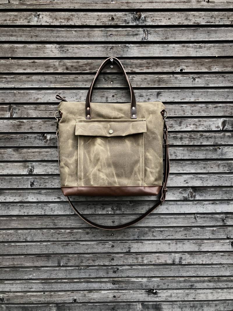 Gewachste Canvas Aktentasche Unisex-Laptoptasche Mit Lederakzenten von treesizeverse