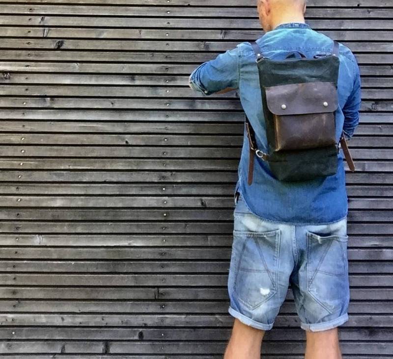 Gewachster Canvas-Rucksack Kleiner Tagesrucksack in Waldgrün Mit Ledertasche von treesizeverse