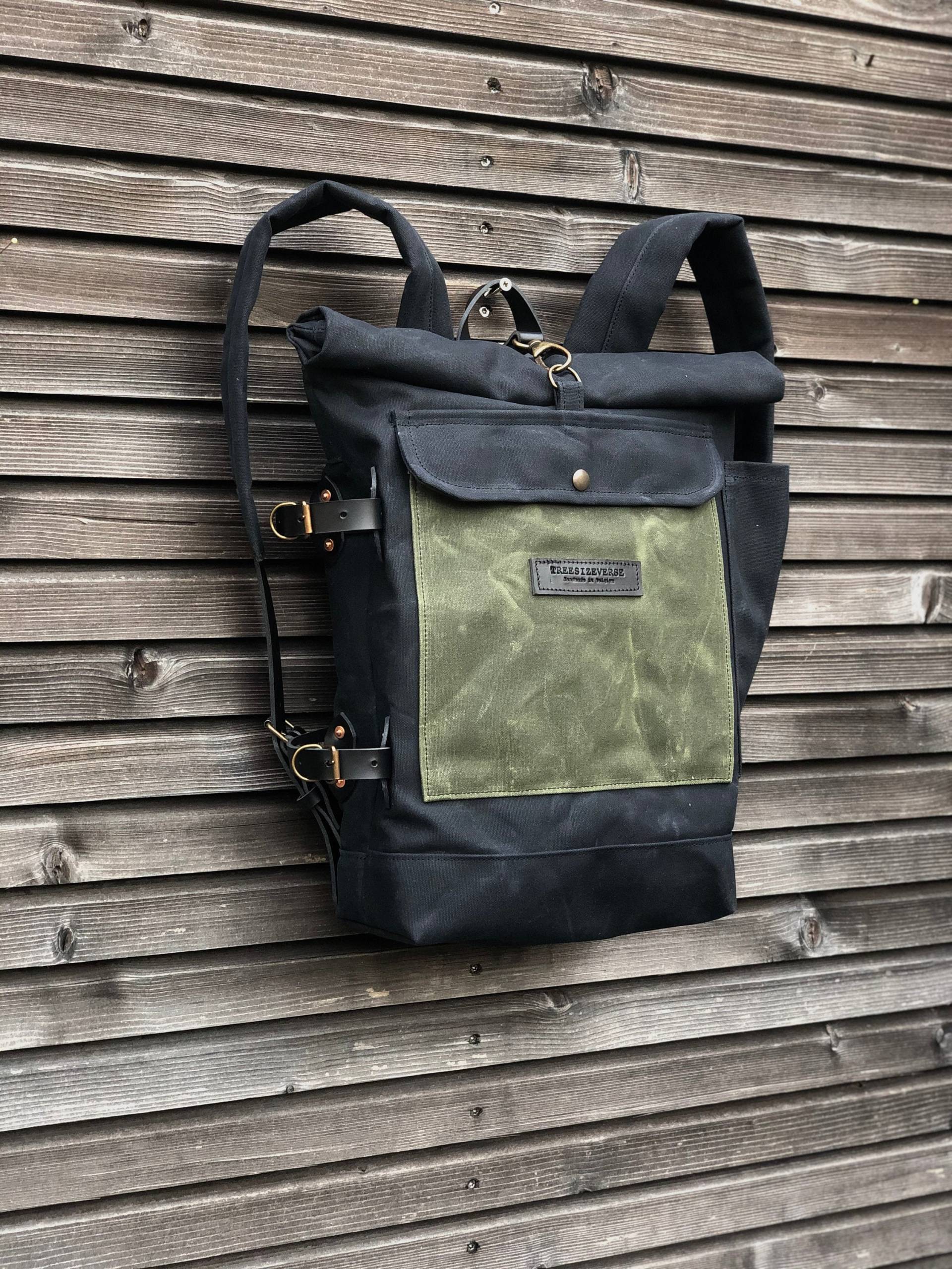 Gewachster Canvas Rucksack Mit Abnehmbaren Leder-Seitenriemen Und Gepolsterten Laptopfach/Schulterriemen von treesizeverse