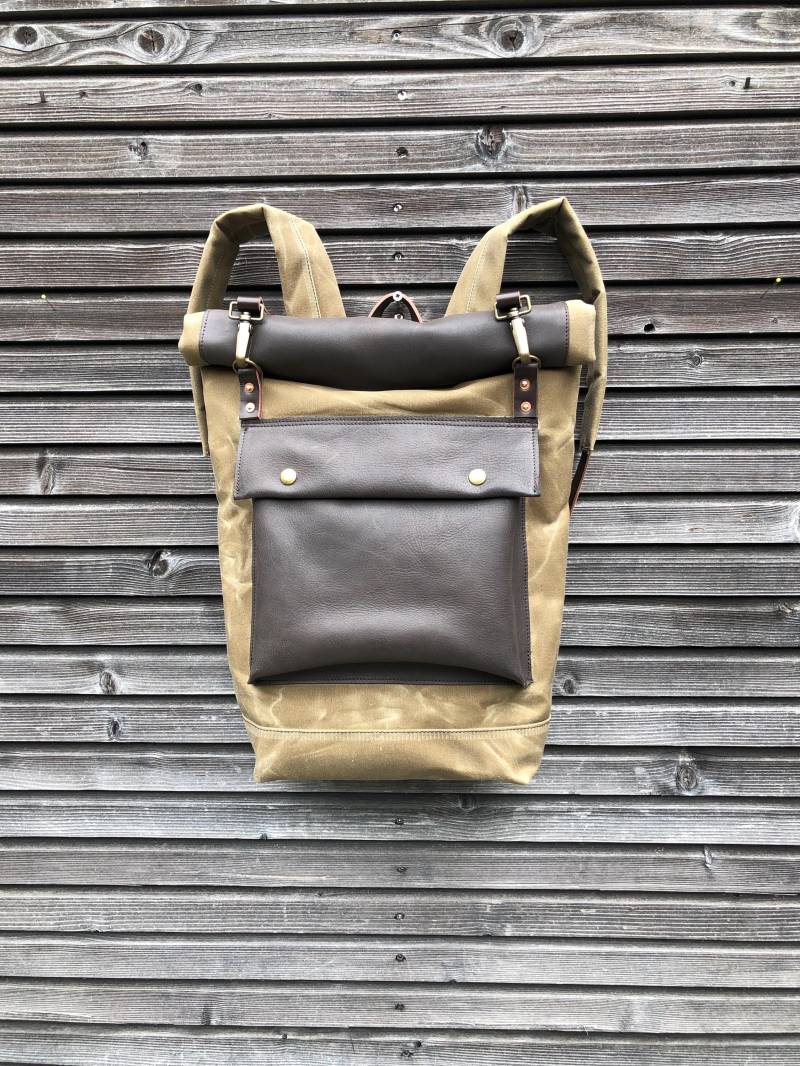 Rolltop-Rucksack Aus Gewachstem Canvas Leder-Rucksack von treesizeverse