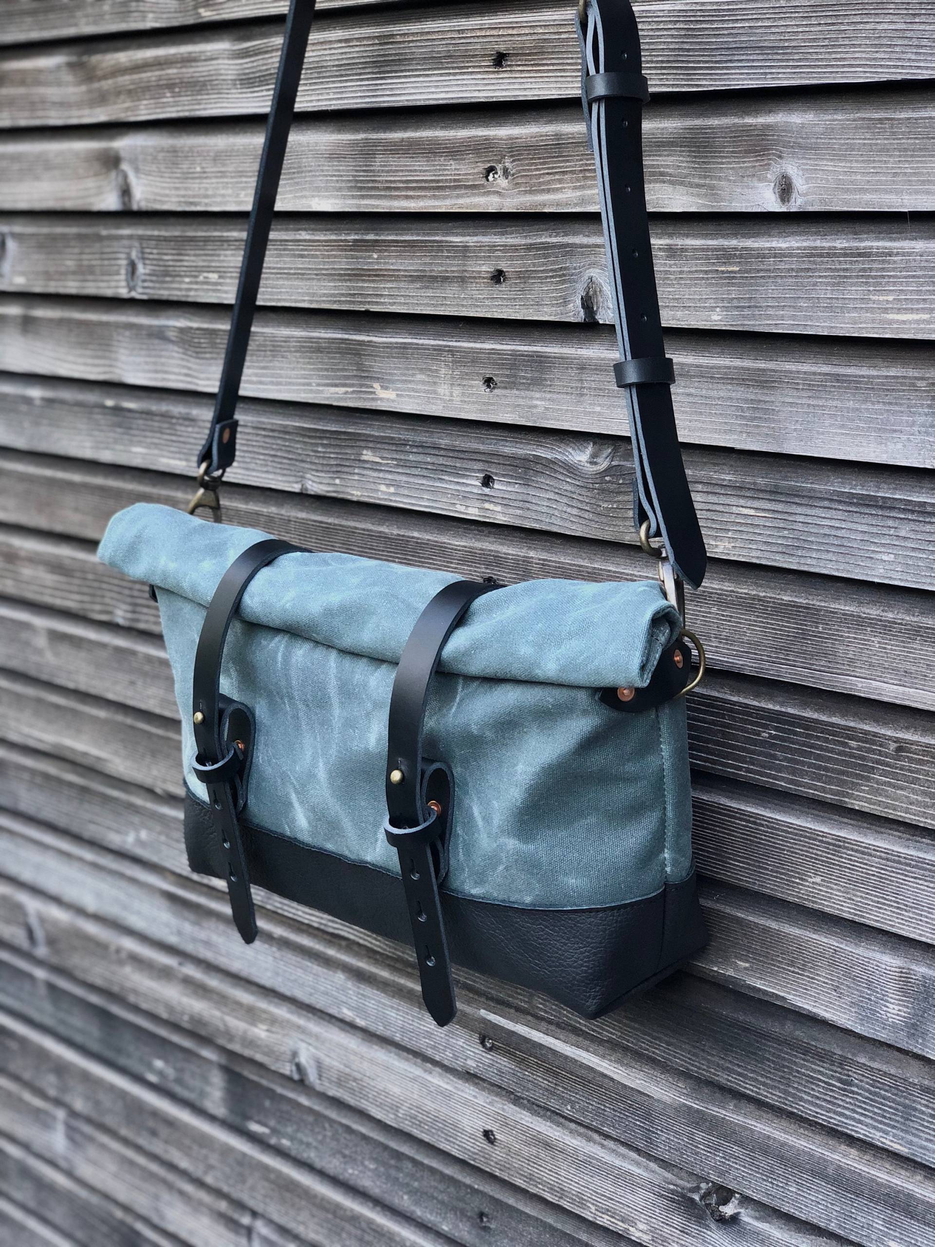 Grau Gewachschte Canvas Und Leder Satchel/Messenger Bag Tagestasche von treesizeverse