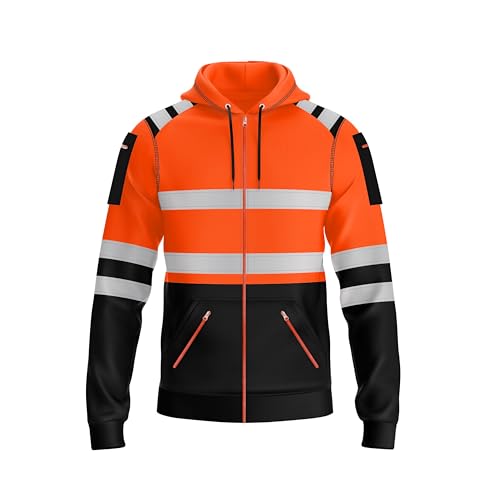 trending babz Herren Hi Vis Reißverschluss-Kapuzenpullover Sicherheitsarbeit High Viz Reflektorband Mehrere Reißverschlusstaschen Kapuzenpullover Gelb Orange Hochsichtbares Sweatshirt Top von trending babz