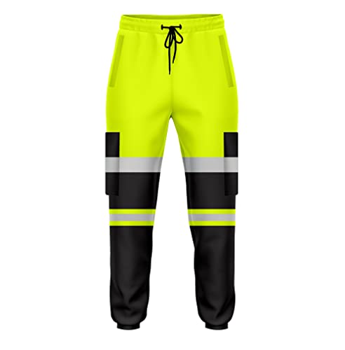 trending babz Herren-Jogginghose mit hoher Sichtbarkeit, zweifarbig, reflektierendes Band, Bündchen, Arbeitskleidung, Jogginghose, Gelb/Schwarz von trending babz