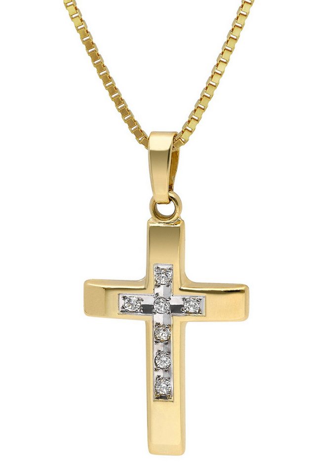 trendor Kette mit Anhänger Kreuz 585 Gold 14K mit Zirkonia an vergoldeter Silberkette von trendor