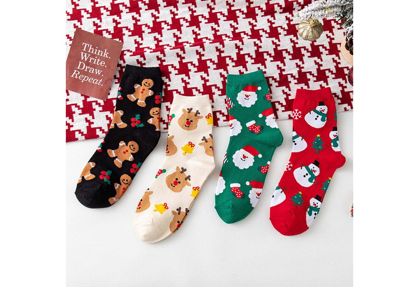 trends for living Freizeitsocken Weihnachtssocken in der Mitte der Wade, Cartoon-Schneemann-Elch Socken (4-Paar) von trends for living