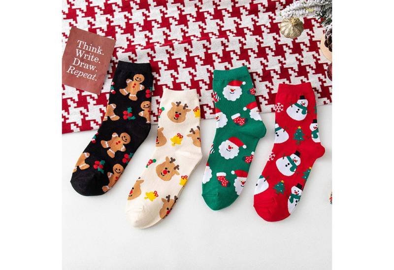 trends for living Freizeitsocken Weihnachtssocken in der Mitte der Wade, Cartoon-Schneemann-Elch Socken (4-Paar) von trends for living