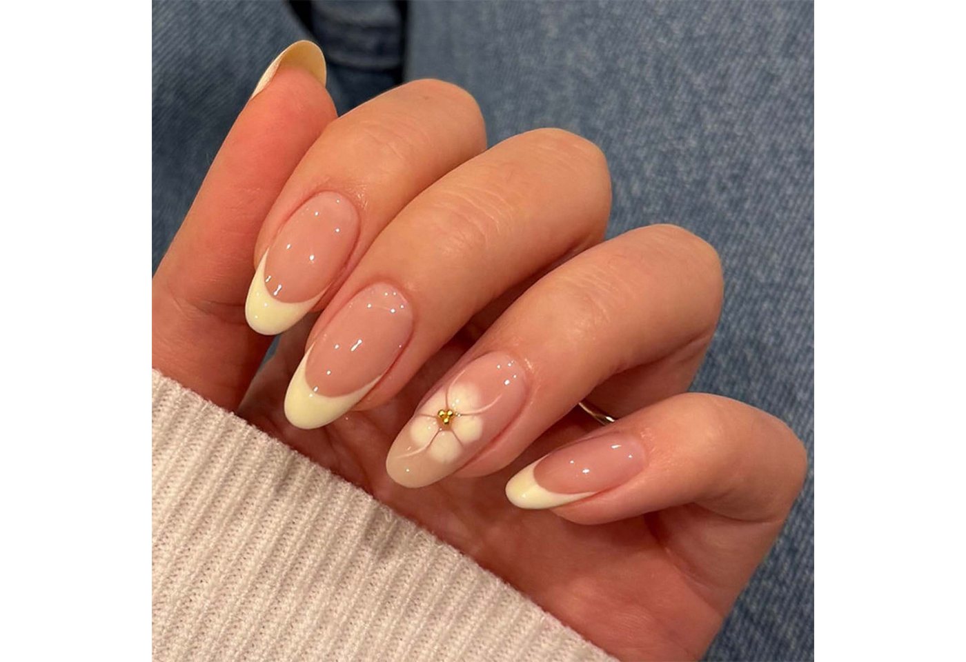 trends for living Kunstfingernägel 24 Press künstliche Fingernägel mit gelben Mandelblüten French-Design, 24-tlg. von trends for living