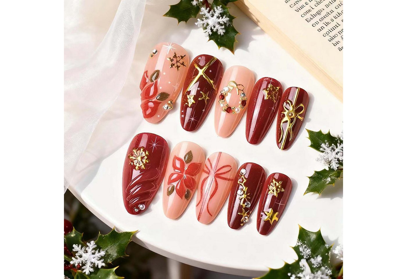 trends for living Kunstfingernägel 24 Press künstliche Nageldesigns mit Weihnachtsmotiven mandelförmige, 24-tlg., 3D-Blumen-Schleife mit vergoldeter Schneeflocke mit Strasssteinen von trends for living