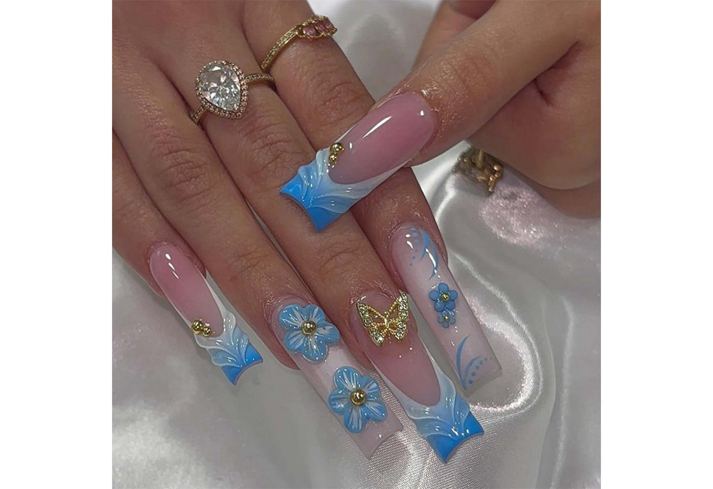 trends for living Kunstfingernägel 24 Stück künstliche Fingernägel blaue mit fünfblättriger Schleife, 24-tlg. von trends for living